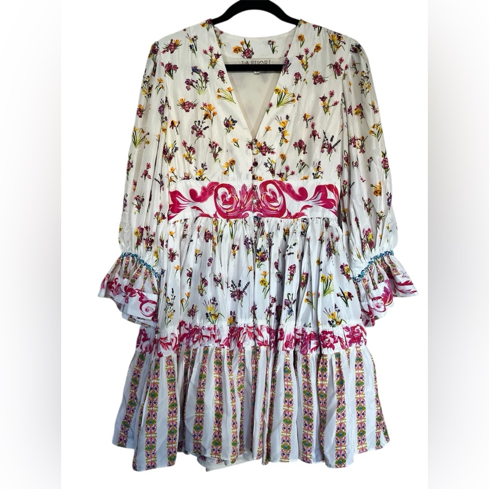 La Fuori 100% Silk Floral Boho Tiered Mini Dress S White Pink Yellow